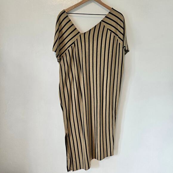 Zara Linen Blend Knit Asymmetrical Boxy Midi Dress XS Tan Black Stripe V-Neck - Picture 5 of 6
